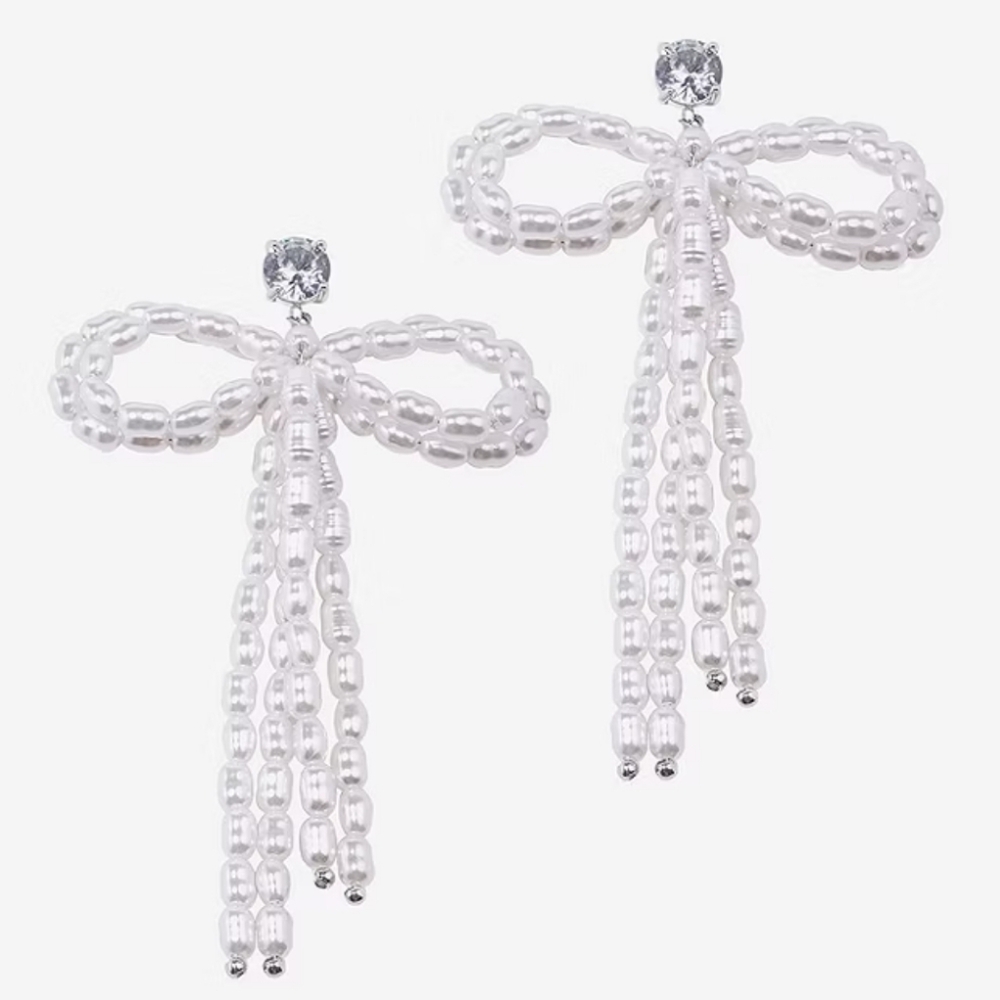 Bijoux Bar Silver Pearl Bow Drop Earrings